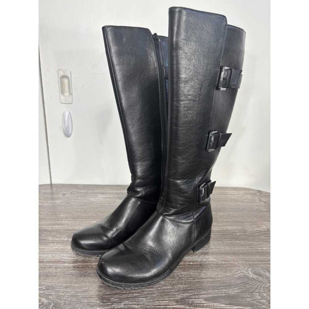 9&Co Boots Womens Size 7M Black Knee High Riding Casual Buckle Zip Block Heel